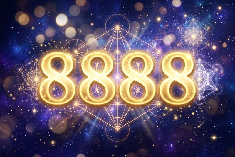 Vier übereinanderstapelte Achten symbolisieren die Engelszahl 8888 für Reichtum und kosmische Fülle.