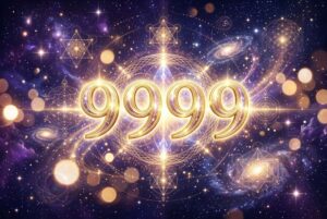 Symbolische Darstellung der Engelszahl 9999 mit leuchtenden Ziffern, die Transformation und den Abschluss eines Lebenskapitels...