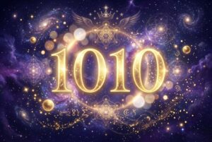 Spirituelle Grafik zeigt die Zahlenkombination 1010 mit leuchtenden Elementen und symbolisiert Selbstvertrauen sowie...