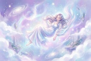 Person fällt durch dunkle Wolken in einem surrealen Traum mit spirituellem Licht.