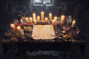 Frau in schwarzer Kleidung führt rituelles Geisterwerk in einem Wald durch, umgeben von brennenden Kerzen und Kräutern.