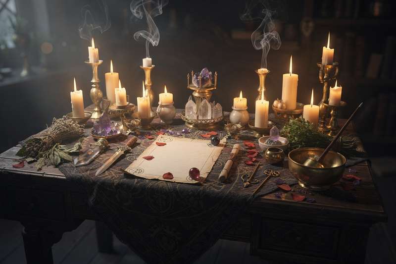Einzelne Hexe sitzt in ihrem Zuhause umgeben von Kerzen, Kräutern und magischen Objekten während einer persönlichen Ritualpraktik.