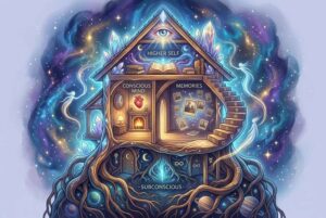 Verschiedene Häuser und Gebäude in einer Traumlandschaft, die spirituelle Bedeutung und unbewusste Bedeutungen symbolisieren.