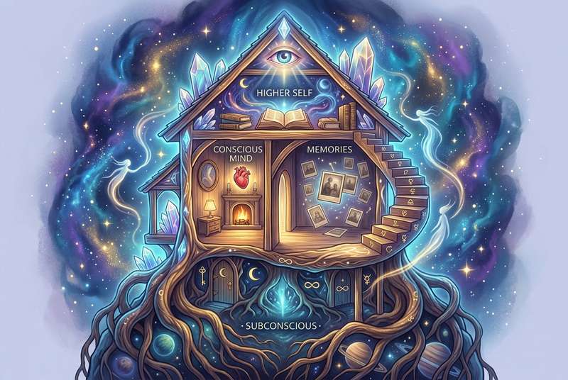 Verschiedene Häuser und Gebäude in einer Traumlandschaft, die spirituelle Bedeutung und unbewusste Bedeutungen symbolisieren.