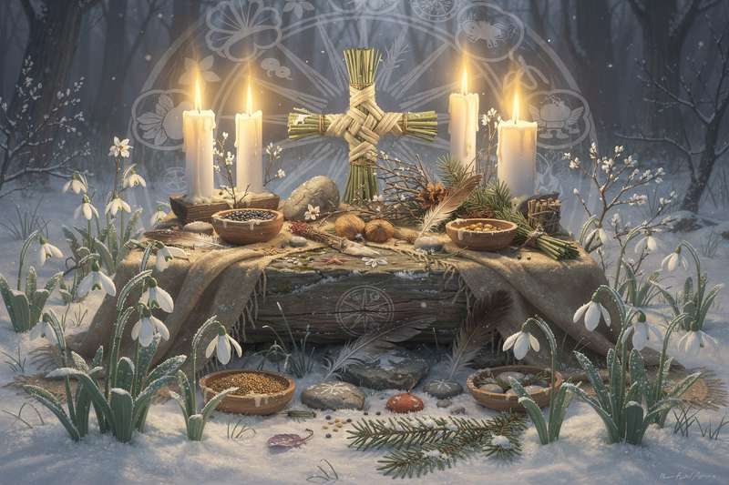 Kerzen und Kräuter auf einem Altar während einer Imbolc-Zeremonie zur Ehrung der Göttin Brigid.