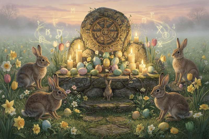 Altar mit Kerzen, Blüten und Kristallen zur Feier der Frühlings-Tagundnachtgleiche und spirituellen Erneuerung.