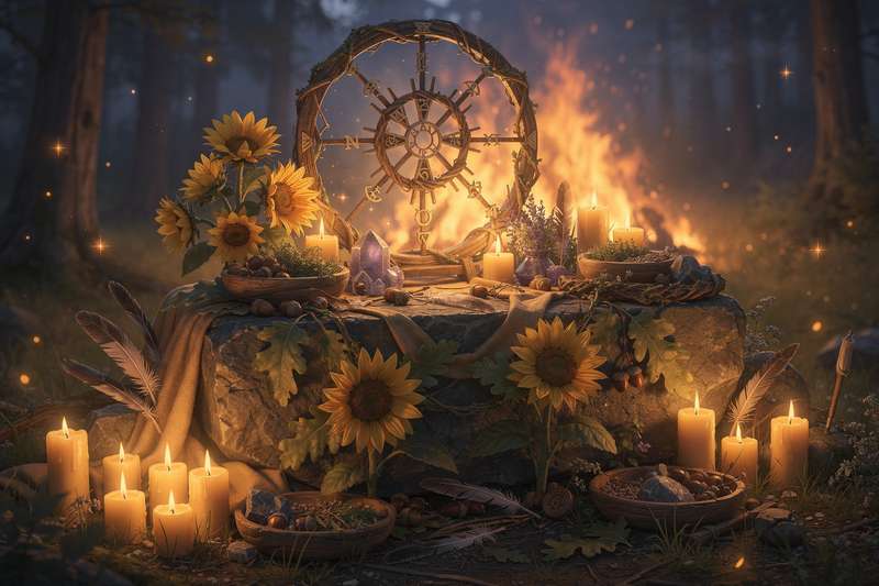 Brennende Kerzen und Kräuterbündel auf einem Altar mit Blüten und Steinen zur Mittsommerfeier.
