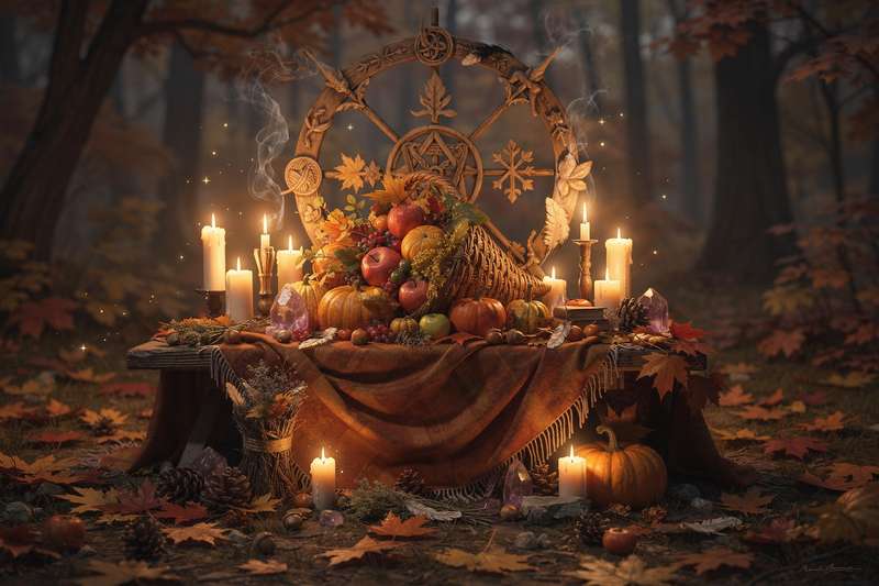 Brennende Kerzen und Herbstblätter auf einem Altar mit Kristallen zur Feier der Herbst-Tagundnachtgleiche.
