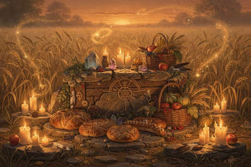 Lughnasadh Altar mit Getreidegarben, Brot und Kerzen zur Feier der ersten Ernte im Jahreskreis der Hexen.