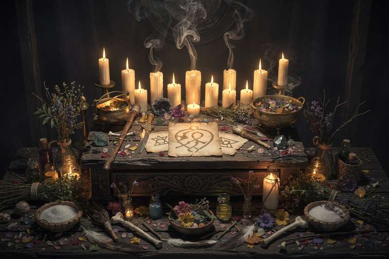 Verschiedenfarbige Kerzen und Kristalle auf einem Altar mit Kräutern und mystischen Symbolen arrangiert.