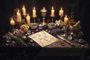 Antiker Zirkel mit astrologischen Symbolen und Wochentagsplaneten arrangiert auf mystischem Hintergrund.