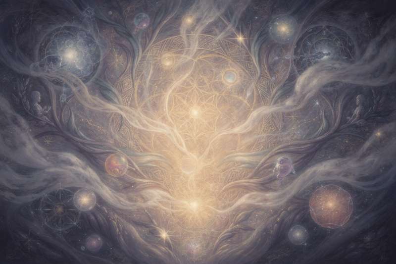 Mystische Symbole und Traumbilder schweben über einer schlafenden Person in nächtlicher Atmosphäre.