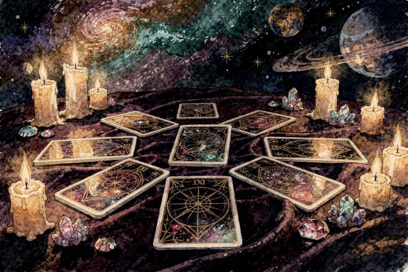Tarotkarten in Ausbreitungsformation für strategische Geschäftsentscheidungen und Unternehmensplanung.