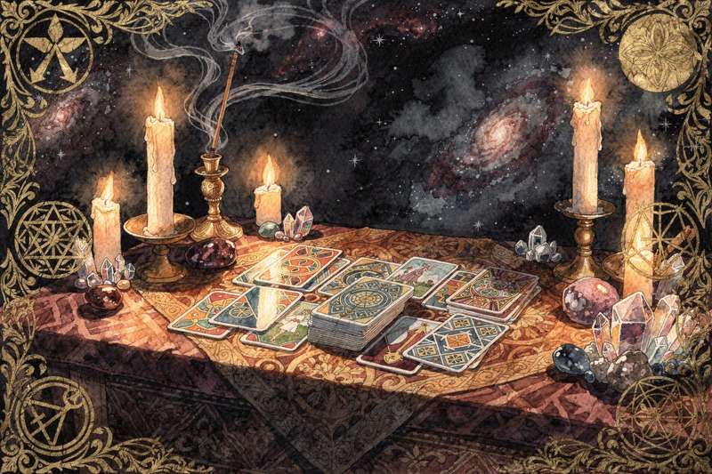 Frau mit Tarotkarten auf einem Tisch, die konzentriert ihre eigene Kartenlegung deutet und interpretiert.
