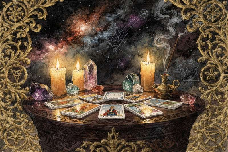 Tarotkarten in einer Legung ausgebreitet, die Reisethemen und Abenteuer symbolisieren.