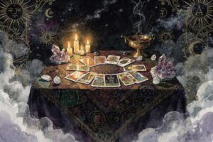 Tarotkarten in verschiedenen Positionen auf dunklem Untergrund arrangiert zur Veranschaulichung einer wöchentlichen Wahrsagung...