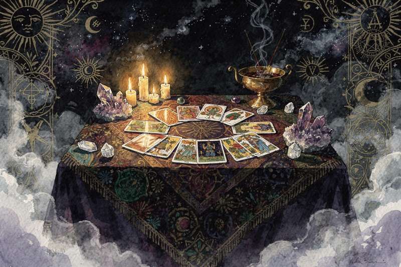 Tarotkarten in verschiedenen Positionen auf dunklem Untergrund arrangiert zur Veranschaulichung einer wöchentlichen Wahrsagung...
