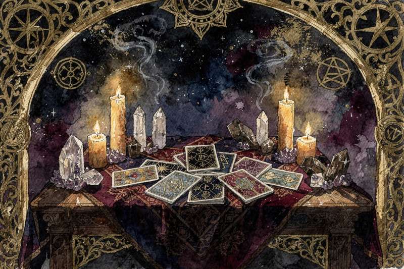 Tarotkarten in aufrechter und umgekehrter Position ausgebreitet auf einem mystischen Hintergrund mit symbolischen Elementen.