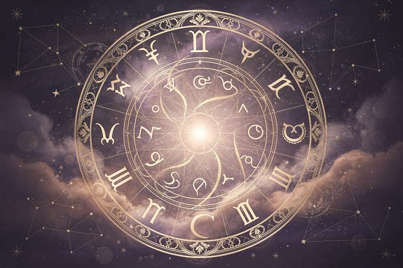 Astrologische Himmelskonstellation mit Planeten und Sternzeichen-Symbolen zur Vorhersage der kommenden Woche.