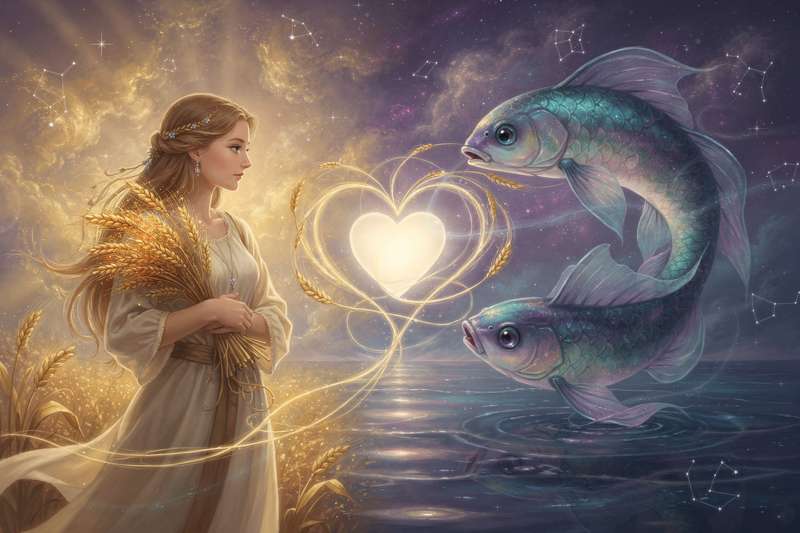 Astrologische Darstellung der Sternzeichen Jungfrau und Fische mit ihren Symbolen und energetischen Verbindungen zueinander.