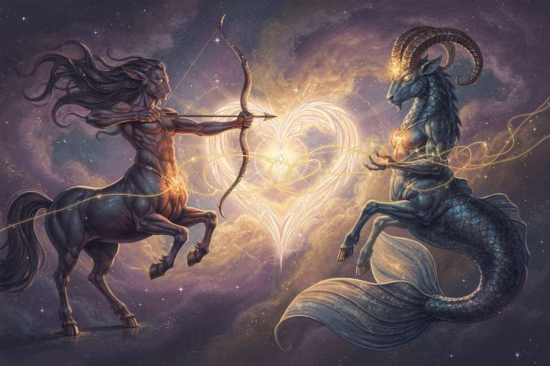 Astrologisches Kompatibilitätsdiagramm zeigt die Beziehungsdynamik zwischen dem Feuerzeichen Schütze und dem Erdzeichen Steinbock.