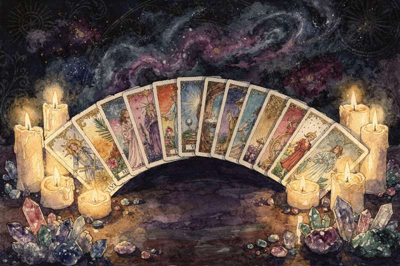 Tarot-Karten der Großen Arkana arrangiert in kreisförmiger Anordnung, die verschiedene Lebsphasen und spirituelle...