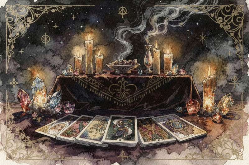 Tarotkarten auf einem Tisch arrangiert, die Erfolg und Wohlstand symbolisieren mit goldenem Licht.