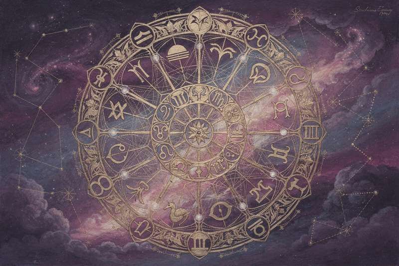 Astrologische Symbole und Planetenpositionen auf einem kosmischen Kalender zur Deutung von Himmelsereignissen.