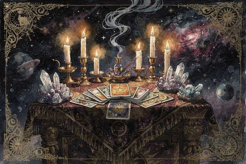 Tarotkarten ausgebreitet auf dunklem Untergrund zeigen eine mystische Legung zur Deutung von Schicksal und persönlichen...