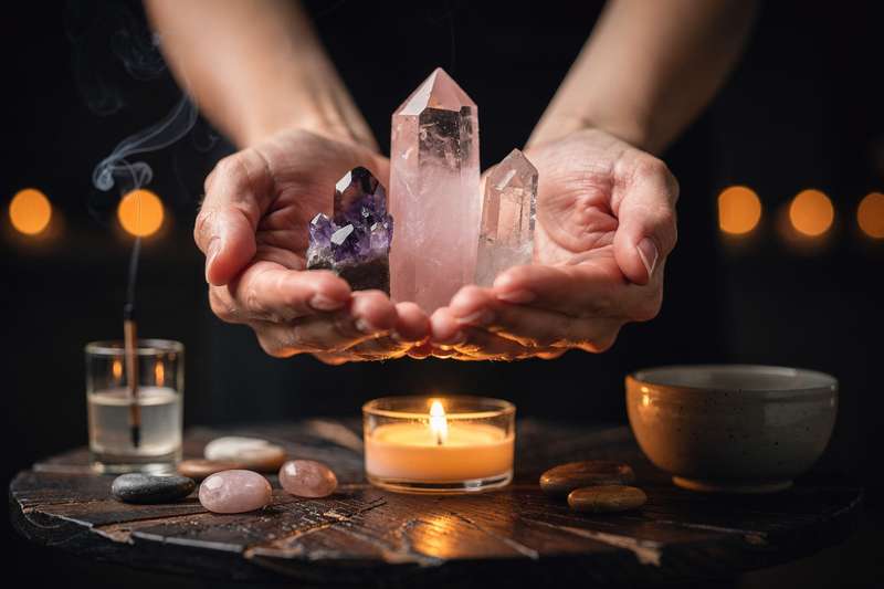 Verschiedene Kristalle und Mineralien in unterschiedlichen Farben und Formen, die zur spirituellen Kommunikation mit...
