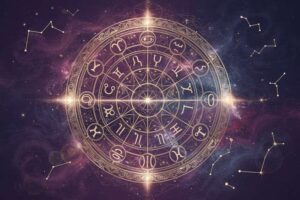 Astrologische Darstellung der zwölf Tierkreiszeichen im Kreis angeordnet mit mystischen Symbolen und Sternenmustern für Oktober.