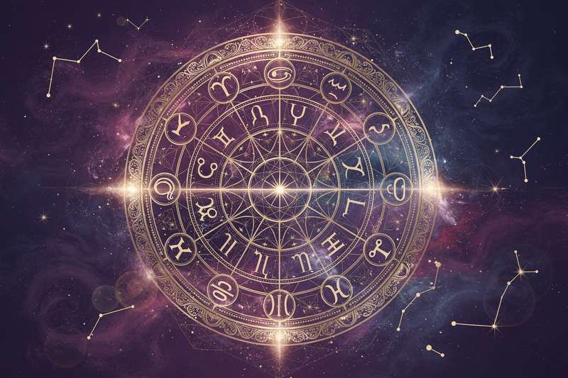 Astrologische Darstellung der zwölf Tierkreiszeichen im Kreis angeordnet mit mystischen Symbolen und Sternenmustern für Oktober.