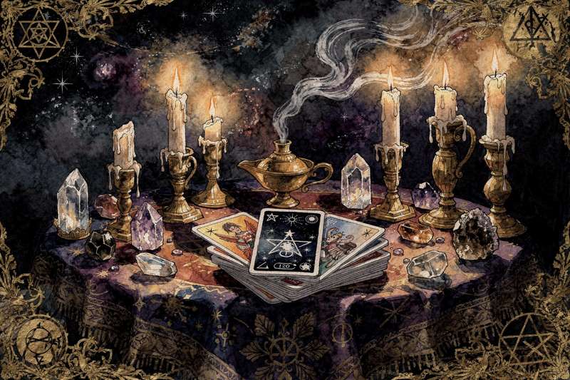 Tarotkarten in einer Herzform angeordnet, die Gefühle und romantische Erkenntnisse symbolisieren.