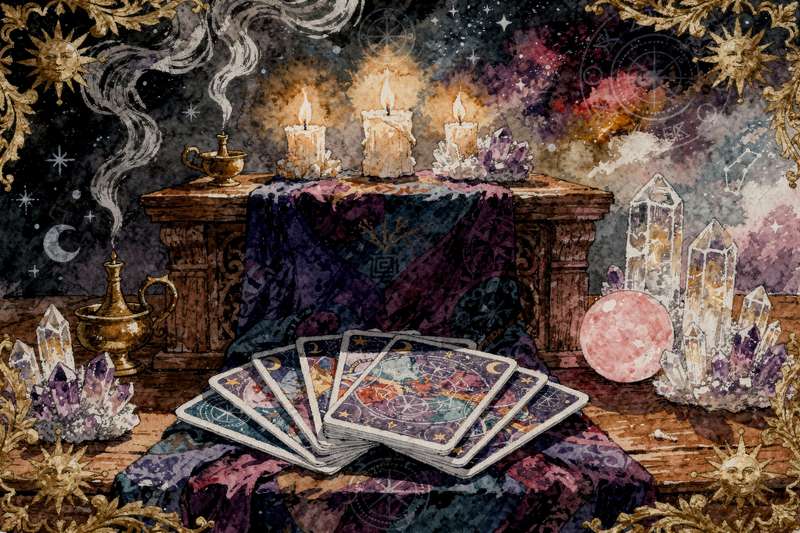 Drei Tarotkarten Teufel, Turm und Tod nebeneinander auf dunklem Hintergrund dargestellt.