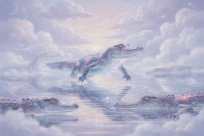Ein grünes Krokodil mit geöffnetem Maul sitzt im Wasser und symbolisiert Gefahr, unbewusste Ängste und transformative Kräfte...