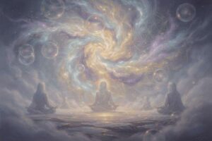 Leuchtende violette Energie umgibt eine meditierend sitzende Person in spiritueller Heilung und innerer Transformation.