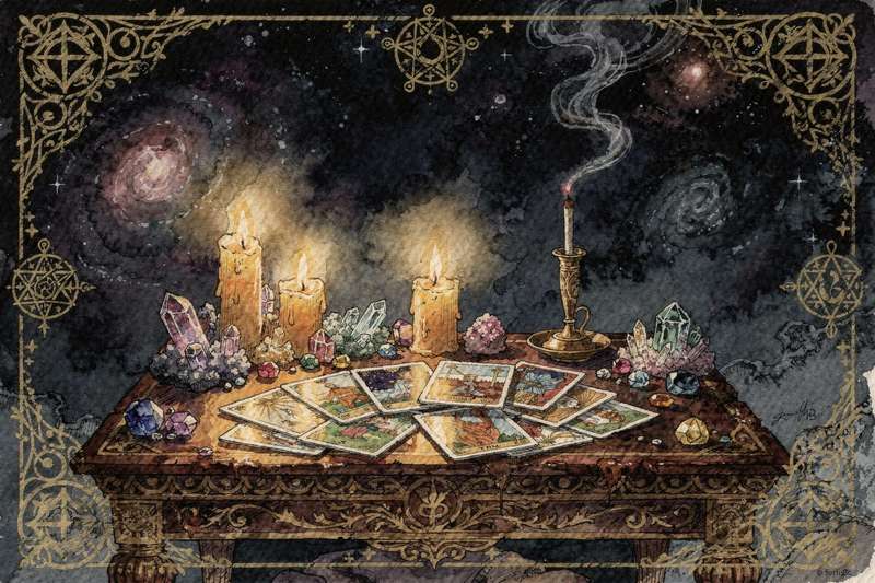 Tarot-Karten mit mystischen Symbolen liegen ausgebreitet auf einem dunklen Tuch zur Deutung der kommenden Woche.