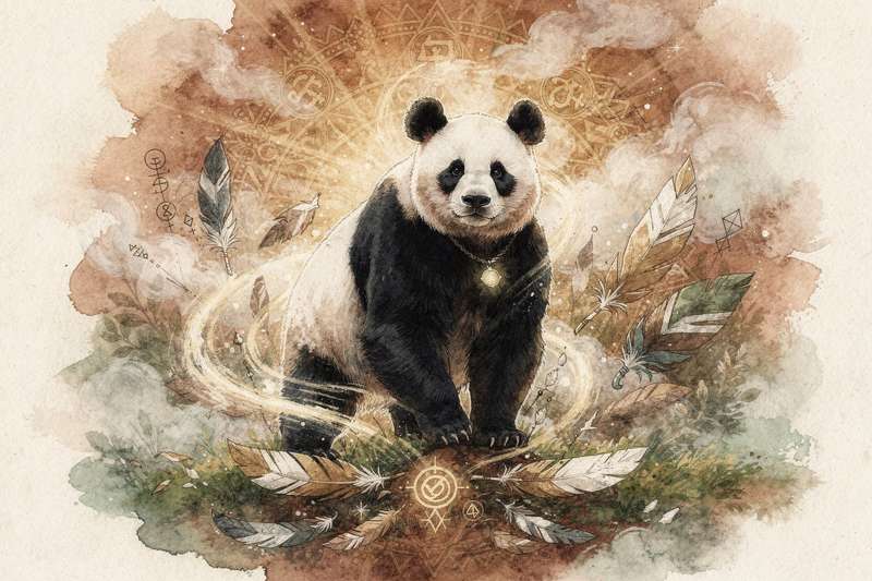 Schwarzweiß gefleckter Panda sitzt ruhig auf einem Bambushain und verkörpert innere Gelassenheit und sanfte Kraft.
