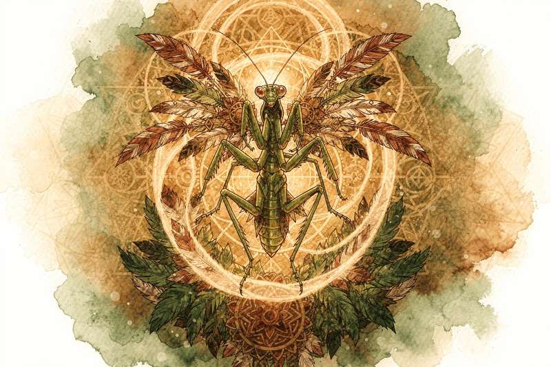 Eine grüne Gottesanbeterin sitzt in Gebetshaltung auf einem grünen Blatt und symbolisiert Achtsamkeit sowie spirituelle Kraft.