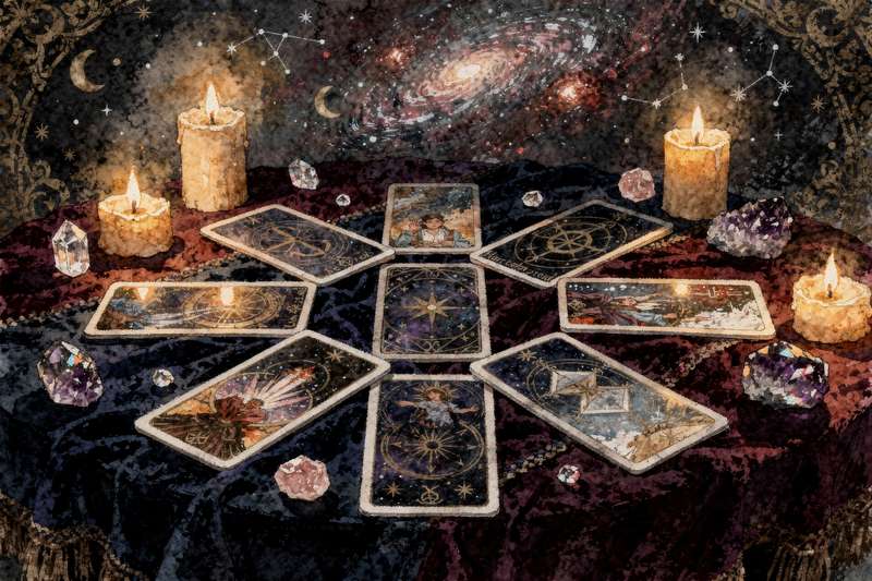 Tarotkarten in einer Legungsanordnung zur Arbeit mit limitierenden Überzeugungen und deren spiritueller Transformation.
