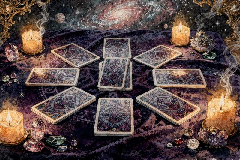 Tarotkarten in einer Legung angeordnet zur Deutung zwischenmenschlicher Beziehungen und emotionaler Bindungen.