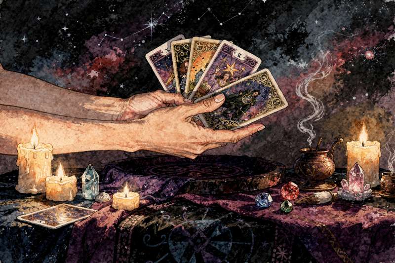Verschiedene Behälter und Aufbewahrungsmöglichkeiten für Tarotkarten wie Holzkästchen, Stoffbeutel und Kartons arrangiert auf...