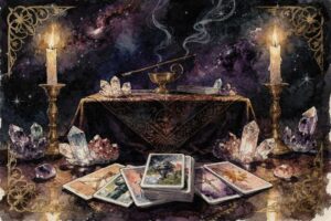 Tarotkarten liegen arrangiert auf einem dunklen Tuch neben Kerzen und Kristallen zur rituellen Vorbereitung einer Kartendeutung.