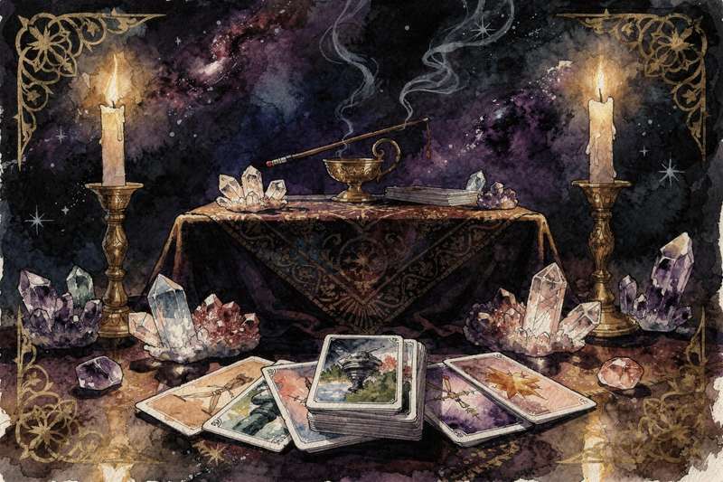 Tarotkarten liegen arrangiert auf einem dunklen Tuch neben Kerzen und Kristallen zur rituellen Vorbereitung einer Kartendeutung.