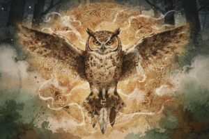 Búho nocturno posado en rama con ojos penetrantes, simbolizando sabiduría y conexión espiritual profunda.