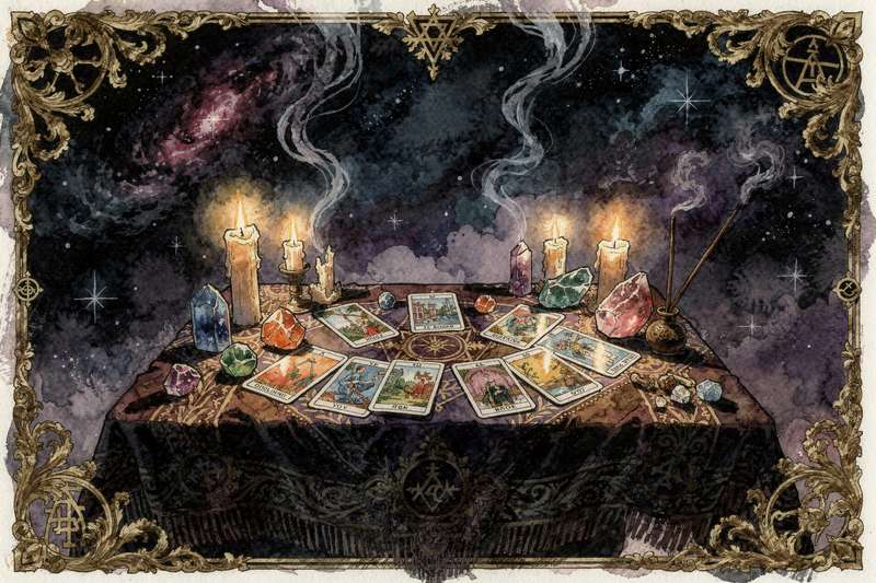 Tarot-Karten mit blauem Energiemuster symbolisieren das Kehlchakra und dessen Verbindung zur Kommunikation und Selbstausdruck.