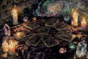 Tarot-Karten in symmetrischer Anordnung zum Thema Frühjahrstagundnachtgleiche mit Symbolen für Neubeginn und Balance.