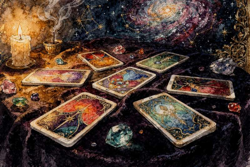 Drei Tarotkarten in Dreiecksanordnung auf grünem Tuch, symbolisierend die spirituelle Bedeutung der Sommersonnenwende.