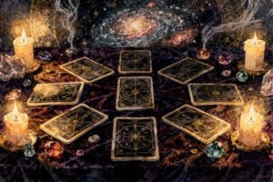 Tarot-Karten in herbstlichen Farben arrangiert auf einem Tisch mit trockenen Blättern und Kerzen.