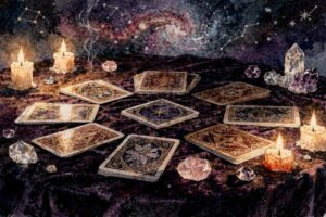 Tarot-Karten in einer kreisförmigen Anordnung zur Deutung der Wintersonnenwende und ihrer spirituellen Bedeutung.